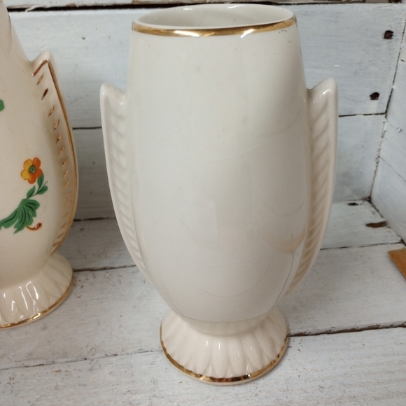 Vintage Floral Ceramic Vases Pair Hand Painted Gold Trim Mid Century Art Deco - Picture 7 of 10